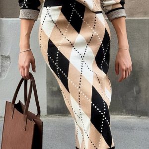 Casual Plaid Midi Sweater Skirt, Skirts, color:As Picture|size:XXL, Stylewe