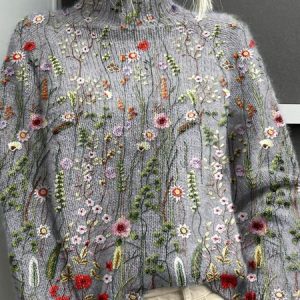 Women Floral Long Sleeve Comfy Casual Sweater, Sweaters, color:Gray|size:3XL, catalog Noracora shop