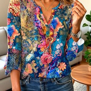 Casual Geometric V Neck Long Sleeve T-shirt, T-shirts, color:Blue|size:3XL, catalog Noracora shop