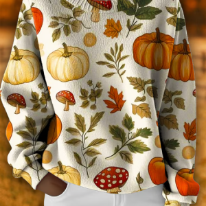 Women Floral Printing Spring/Fall Casual Long Sleeve Crew Neck Knitted Sweater, JustFashionNow Sweaters, color:Apricot|size:4XL,