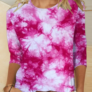 Women Tie Dye Long Sleeve Tee T-shirt Crew Neck Printing Casual Spring/Fall Graphic Tee Top, JustFashionNow T-Shirts, color:Pink|size:XXL,