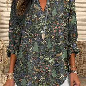 Women's Casual Forest Animal Plant Flower Cotton And Linen Shirt, Blouses, color:Deep Green|size:4XL, catalog Noracora shop