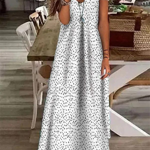 Women Polka Dots Short Sleeve Summer Printing Dress V Neck Daily Casual Maxi X-Line Dress, JustFashionNow Casual Dresses, color:White|size:3XL,