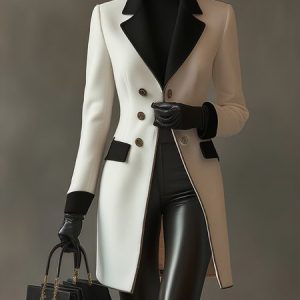 Urban Buttoned Color Block Lace Coat, Coats, color:Black-white|size:XXL, Stylewe