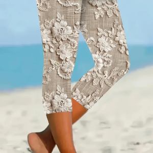 Women Floral Capris Elastic Waist Pants Casual Summer Trousers, JustFashionNow Leggings, color:Apricot|size:XXL,