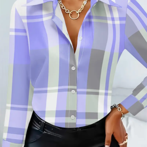Women Plaid Long Sleeve Shirt Spring/Fall Buckle Shirt Collar Regular Sleeve Daily Casual Top, JustFashionNow Shirts, color:Purple|size:XXL,