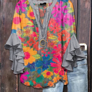 Women Floral Half Sleeve Shirt Summer Printing V Neck Daily Casual Top, JustFashionNow Shirts, color:Gray|size:4XL,