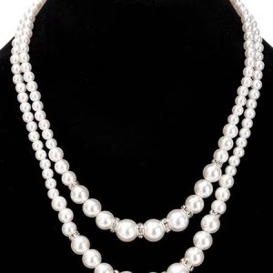 Fashion Imitation Pearl Beaded Necklace Temperament Diamond Double Layer Pearl Sweater Long Chain Necklace, Necklace, color:Silver|size:One-size, catalog Noracora shop
