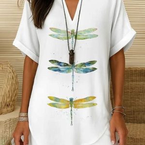 Shawl Collar Half Sleeve Animal Regular Loose Blouse For Women, T-shirts, color:White|size:4XL, catalog Noracora shop