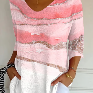 Women Abstract Three Quarter Sleeve Tee T-shirt V Neck Printing Casual Spring/Fall Graphic Tee Top, JustFashionNow T-Shirts, color:Pink|size:5XL,