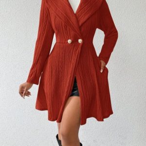 Women Autumn Outerwear Casual Jacquard Plain Long Sleeve Lapel Collar Jacket, JustFashionNow Jackets, color:Red|size:XXL,