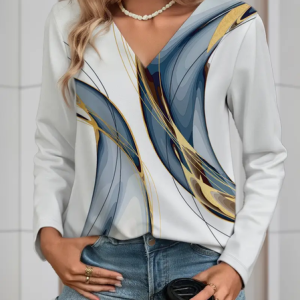 Women Abstract Long Sleeve Tee T-shirt V Neck Printing Casual Spring/Fall Graphic Tee Top, JustFashionNow T-Shirts, color:White|size:XXL