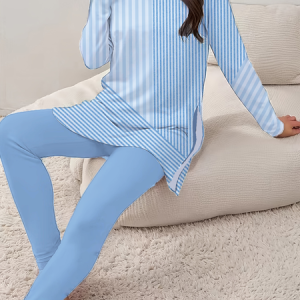 Women Striped Printing Two-Piece Set Daily Long Sleeve Casual Spring/Fall Top With Pants Matching Set, JustFashionNow Suit Set, color:Blue|size:XXL,