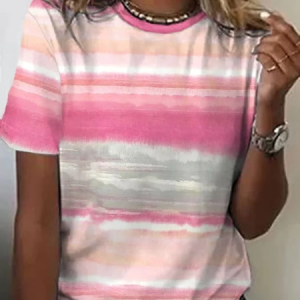 Women Abstract Stripes Short Sleeve Tee T-shirt Crew Neck Printing Casual Summer Graphic Tee Top, JustFashionNow T-Shirts, color:Pink|size:XXL