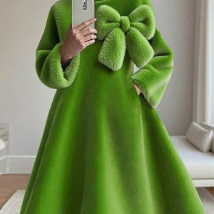 Casual Plain Turtleneck Knee Length Dress With Bow Brooch, Midi Dresses, color:Green|size:XXL, Stylewe