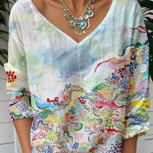 Casual Gradient Pattern V Neck Long Sleeve T-shirt, T-shirts, color:As Picture|size:XXL, catalog Noracora shop