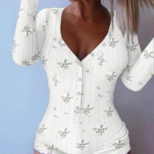 Ditsy Floral Print V-Neck Button Front Frill Trim Romper Slim Fit Jacquard Textured Onesie, women Jumpsuits, ChicMe catalog