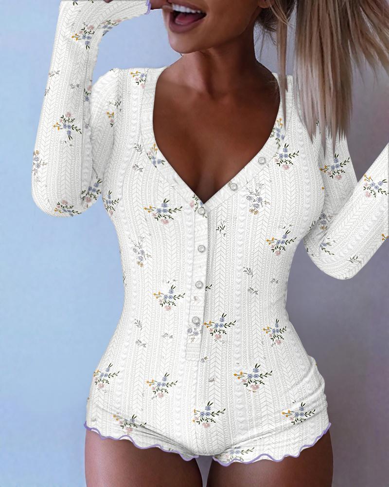 Ditsy Floral Print V-Neck Button Front Frill Trim Romper Slim Fit Jacquard Textured Onesie, women Jumpsuits, ChicMe catalog