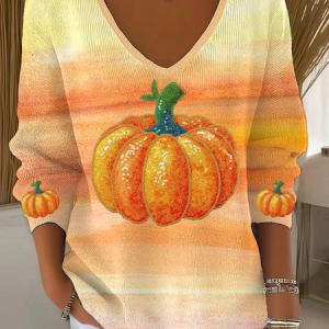 Casual Halloween (pumpkin) V Neck Long Sleeve T-shirt, T-shirts, color:Orange|size:4XL, catalog Noracora shop