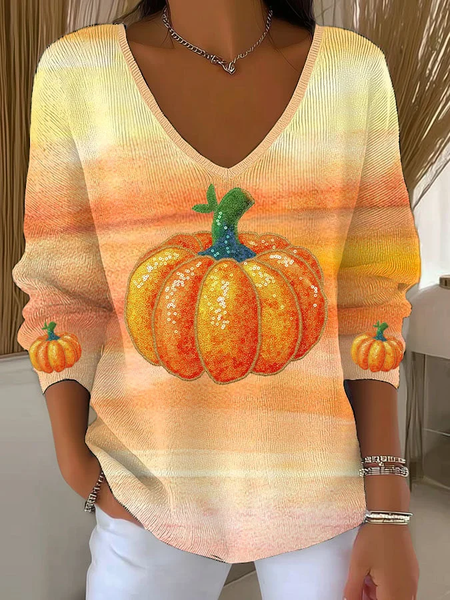 Women Halloween (pumpkin) Long Sleeve Tee T-shirt V Neck Printing Casual Spring/Fall Top, JustFashionNow T-Shirts, color:Orange|size:4XL - Image 3