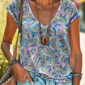 Women Paisley Short Sleeve Tee T-shirt V Neck Printing Casual Summer Graphic Tee Top, JustFashionNow T-Shirts, color:Blue|size:4XL