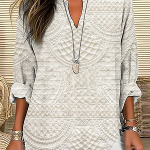V Neck Long Sleeve Abstract Printing Regular Loose Blouse For Women, Blouses, color:Apricot|size:5XL, catalog Noracora shop
