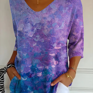Casual Abstract V Neck Three Quarter Sleeve T-shirt, T-shirts, color:Blue Purple|size:5XL, catalog Noracora shop