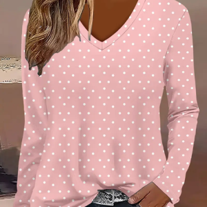 Women Polka Dots Long Sleeve Tee T-shirt V Neck Printing Casual Spring/Fall Graphic Tee Top, JustFashionNow T-Shirts, color:Pink|size:XXL,