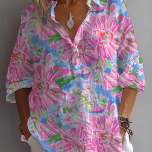 Women Floral Long Sleeve Shirt Spring/Fall Printing Shirt Collar Daily Casual Top, JustFashionNow Shirts, color:Pink|size:4XL,