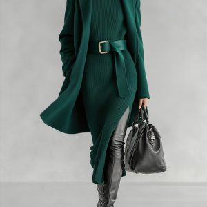 Urban Plain Lapel Collar Coat With Belt, Coats, color:Green|size:XXL, Stylewe