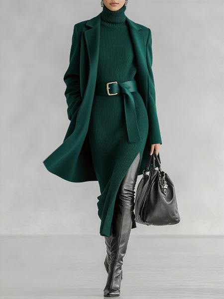 Urban Plain Lapel Collar Coat With Belt, Coats, color:Green|size:XXL, Stylewe
