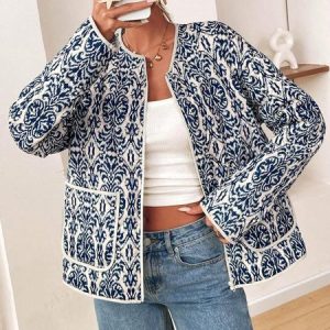 Women Spring/Fall Outerwear Casual Geometric Long Sleeve Stand Collar Jacket, Jackets, color:Blue|size:XXL, catalog Noracora shop