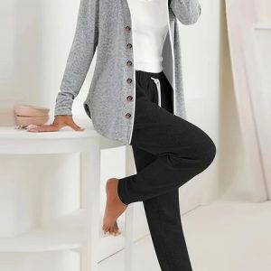 Women Plain Printing Two-Piece Set Daily Long Sleeve Casual Spring/Fall Coat With Pants Matching Set, JustFashionNow Suit Set, color:Black-grey|size:XXL,