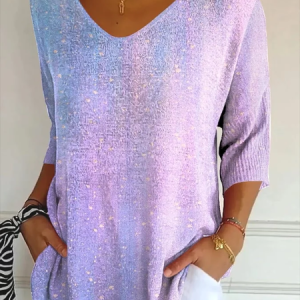 Casual Abstract V Neck Three Quarter Sleeve T-shirt, T-shirts, color:Purple|size:5XL, catalog Noracora shop