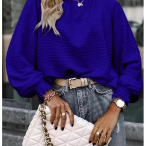 Women Geometric Long Sleeve Tee T-shirt Stand Collar Gathered Vintage Spring/Fall Top, JustFashionNow T-Shirts, color:Blue|size:XL