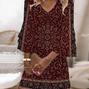 Women Floral Half Sleeve Summer Printing Dress V Neck Daily Casual Maxi H-Line Dress, JustFashionNow Casual Dresses, color:Crimson|size:XXL