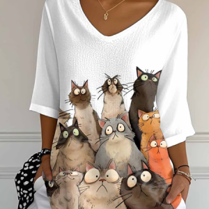 Casual Animal V Neck Three Quarter Sleeve T-shirt, T-shirts, color:White|size:5XL, catalog Noracora shop