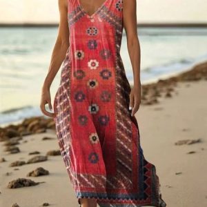 Women Floral Summer Dress V Neck Sleeveless A-Line Dress, Dresses, color:Red|size:5XL, catalog Noracora shop