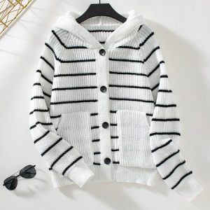 Women Cotton Striped Long Sleeve Comfy Casual Cardigan, Sweaters, color:White|size:XL, catalog Noracora shop