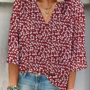 Women Floral Three Quarter Sleeve Blouse Spring/Fall Printing V Neck Daily Casual Top, JustFashionNow Blouses, color:Red|size:XXL,