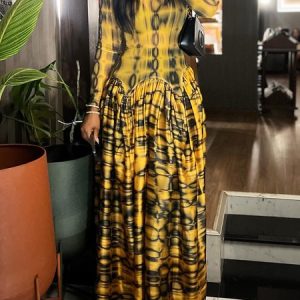 Urban Abstract Graphic  Printing Turtleneck Maxi Dress, Maxi Dresses, color:Yellow|size:XXL, Stylewe
