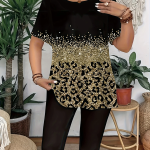 Women Leopard Short Sleeve Tee T-shirt Crew Neck Printing Casual Summer Graphic Tee Top, JustFashionNow T-Shirts, color:Black|size:4XL