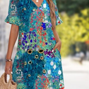 Women Floral Summer Dress V Neck Sleeveless Tank A-Line Dress, Dresses, color:Blue|size:4XL, catalog Noracora shop