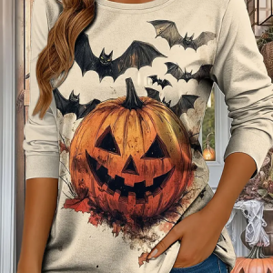Women Halloween (pumpkin) Long Sleeve Tee T-shirt Crew Neck Printing Casual Spring/Fall Graphic Tee Top, JustFashionNow T-Shirts, color:Apricot|size:XXL,