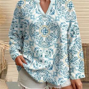 Casual Floral V Neck Long Sleeve T-shirt, T-shirts, color:Light Blue|size:5XL, catalog Noracora shop