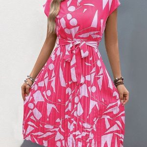 Women Abstract Graphic Summer Printing Dress V Neck Short Sleeve Tank A-Line Dress, Dresses, color:Deep Pink|size:XL, catalog Noracora shop