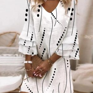 Women Geometric Summer Dress V Neck Half Sleeve Beach Dress H-Line Dress, Dresses, color:White|size:4XL, catalog Noracora shop