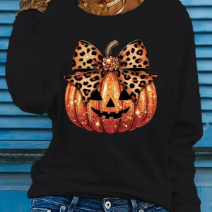 Casual Halloween (pumpkin) Crew Neck Long Sleeve T-shirt, T-shirts, color:Black|size:XXL, catalog Noracora shop