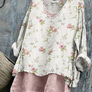 Women Floral Long Sleeve Blouse Spring/Fall Printing V Neck Daily Casual Top, JustFashionNow Blouses, color:Apricot|size:4XL,