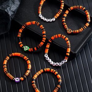 Hot Selling Orange Rice Beads Crystal Metal-plated Polymer Clay Pumpkin Skull Pendant Halloween Beaded Bracelet, Bracelet Set, color:Color4|size:One-size, catalog Noracora shop